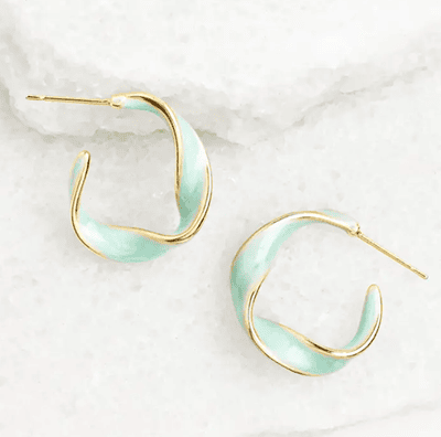 gold-plated hoops with mint enamel and twisted details