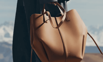 large tote with unusual shape; woman is holding it while wearing a suit while apparently mountain climbing