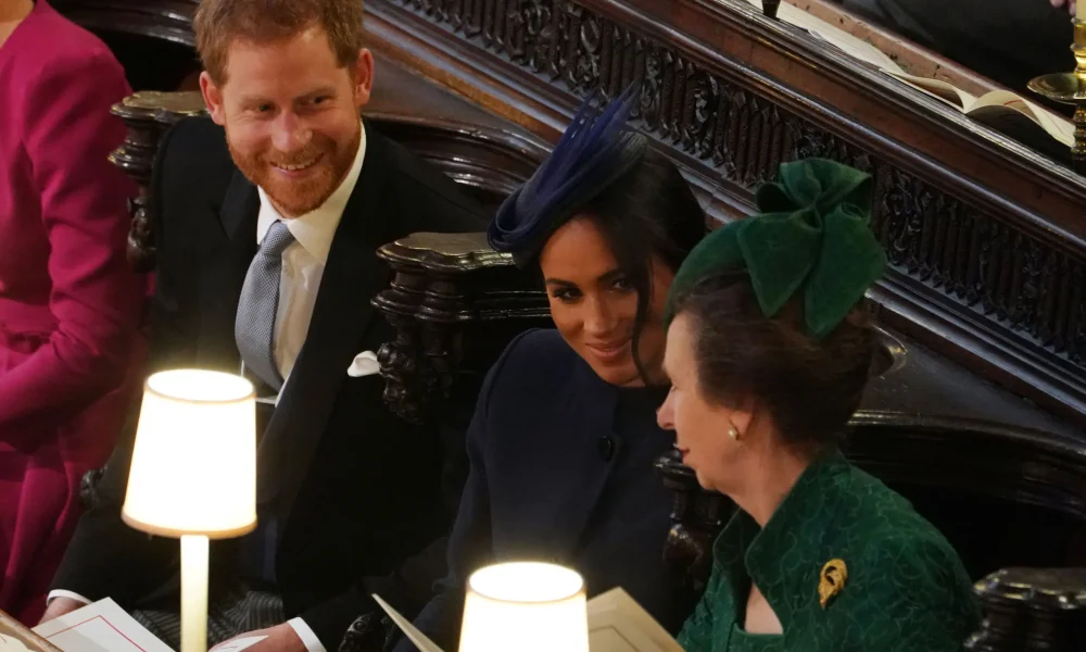 Prince Harry, Meghan Markle and Princess Anne at the wedding of Princess Eugenie and Jack Brooksbank at Windsor Cast
