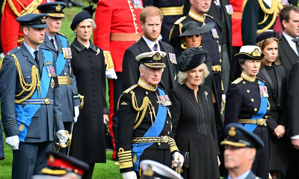 King Charles III and Camilla Queen Consort, Prince Harry and Meghan Markle Duchess of Sussex seen at Wellington Arch.