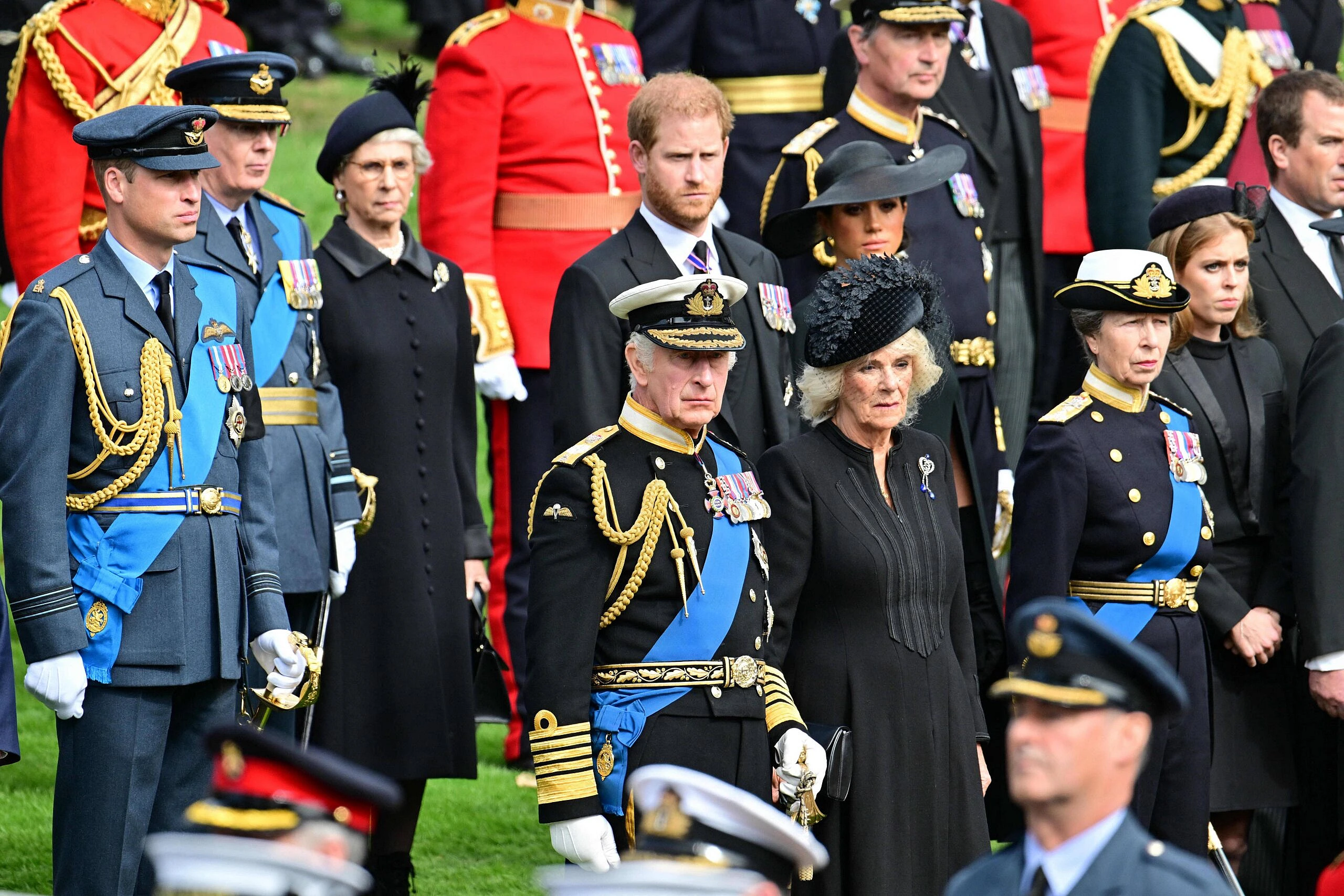King Charles III and Camilla Queen Consort, Prince Harry and Meghan Markle Duchess of Sussex seen at Wellington Arch.