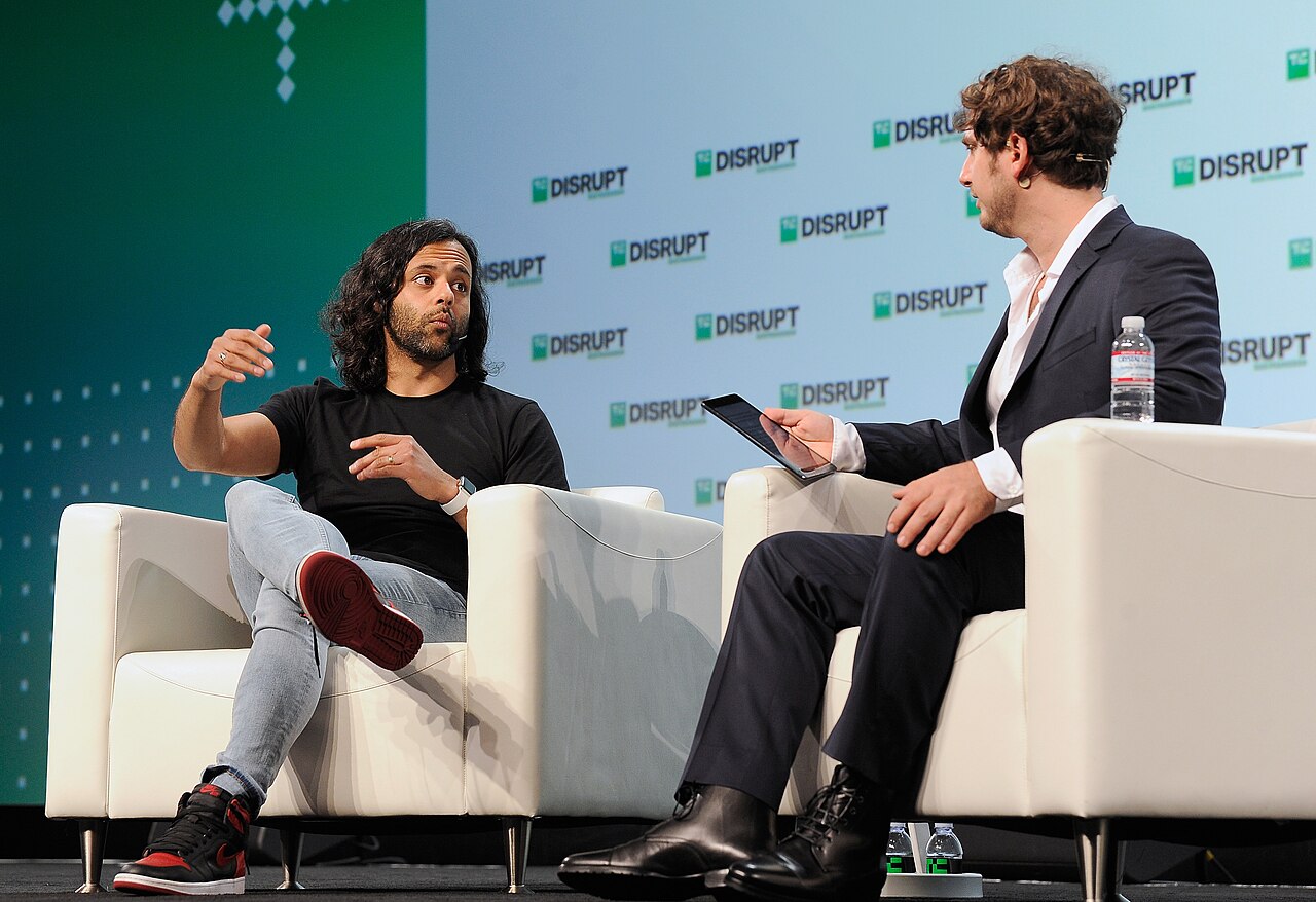 Robinhood co-founder Baiju Bhatt (left) and moderator Josh Constine (right)
