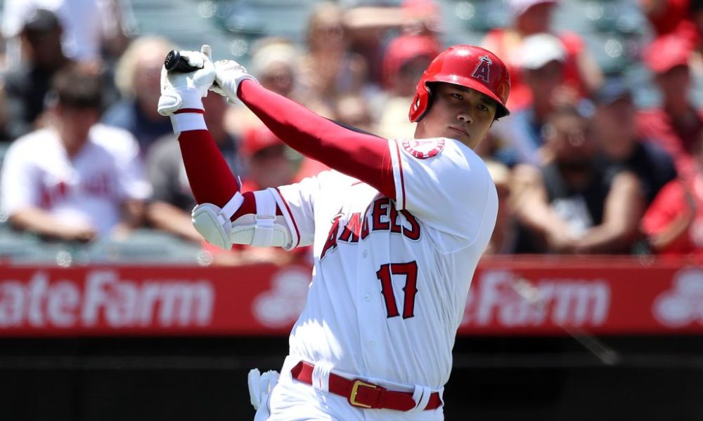 Shohei Ohtani #17 of the Los Angeles Angels looks on during his at bat during the third inning against the Seattle Mariners at Angel Stadium of Anaheim on July 18, 2021 in Anaheim, California.