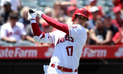 Shohei Ohtani #17 of the Los Angeles Angels looks on during his at bat during the third inning against the Seattle Mariners at Angel Stadium of Anaheim on July 18, 2021 in Anaheim, California.
