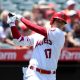 Shohei Ohtani #17 of the Los Angeles Angels looks on during his at bat during the third inning against the Seattle Mariners at Angel Stadium of Anaheim on July 18, 2021 in Anaheim, California.