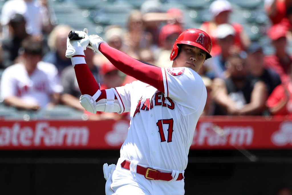 Shohei Ohtani #17 of the Los Angeles Angels looks on during his at bat during the third inning against the Seattle Mariners at Angel Stadium of Anaheim on July 18, 2021 in Anaheim, California.