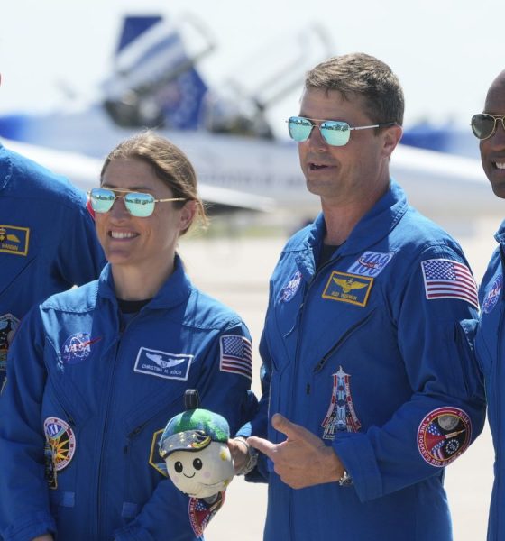 The Artemis II crew before going into quarantine on Friday. Pic: AP