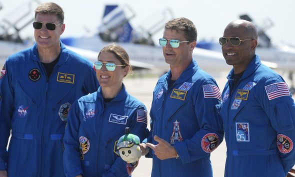 The Artemis II crew before going into quarantine on Friday. Pic: AP