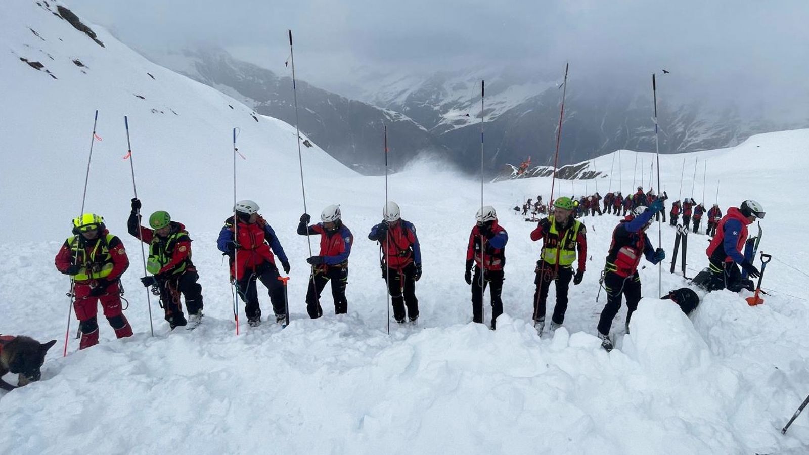 Rescuers search the site of the avalanche in Val Ridanna, in Alto Adige, northern Italy. Pic: Italian Alpine, National Alpine & CNSAS/AP