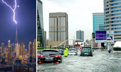 The Burj Khalifa was hit by lightning and flooding in Dubai. Pic: Dubai Media Office/AP