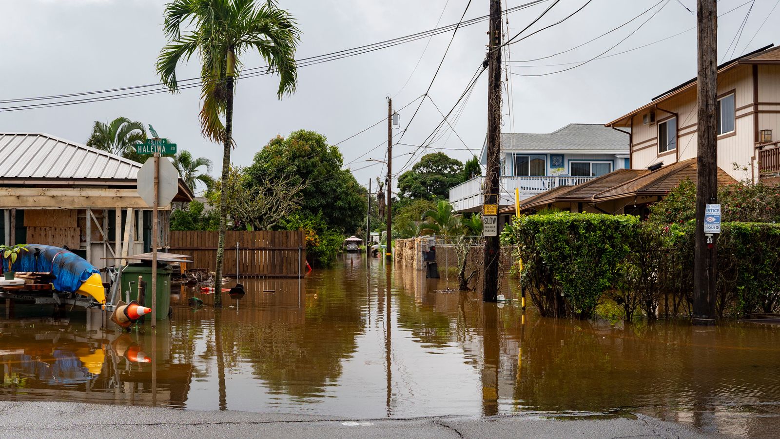 Flooded streets in Haleiwa, Hawaii on Friday. Pic: AP