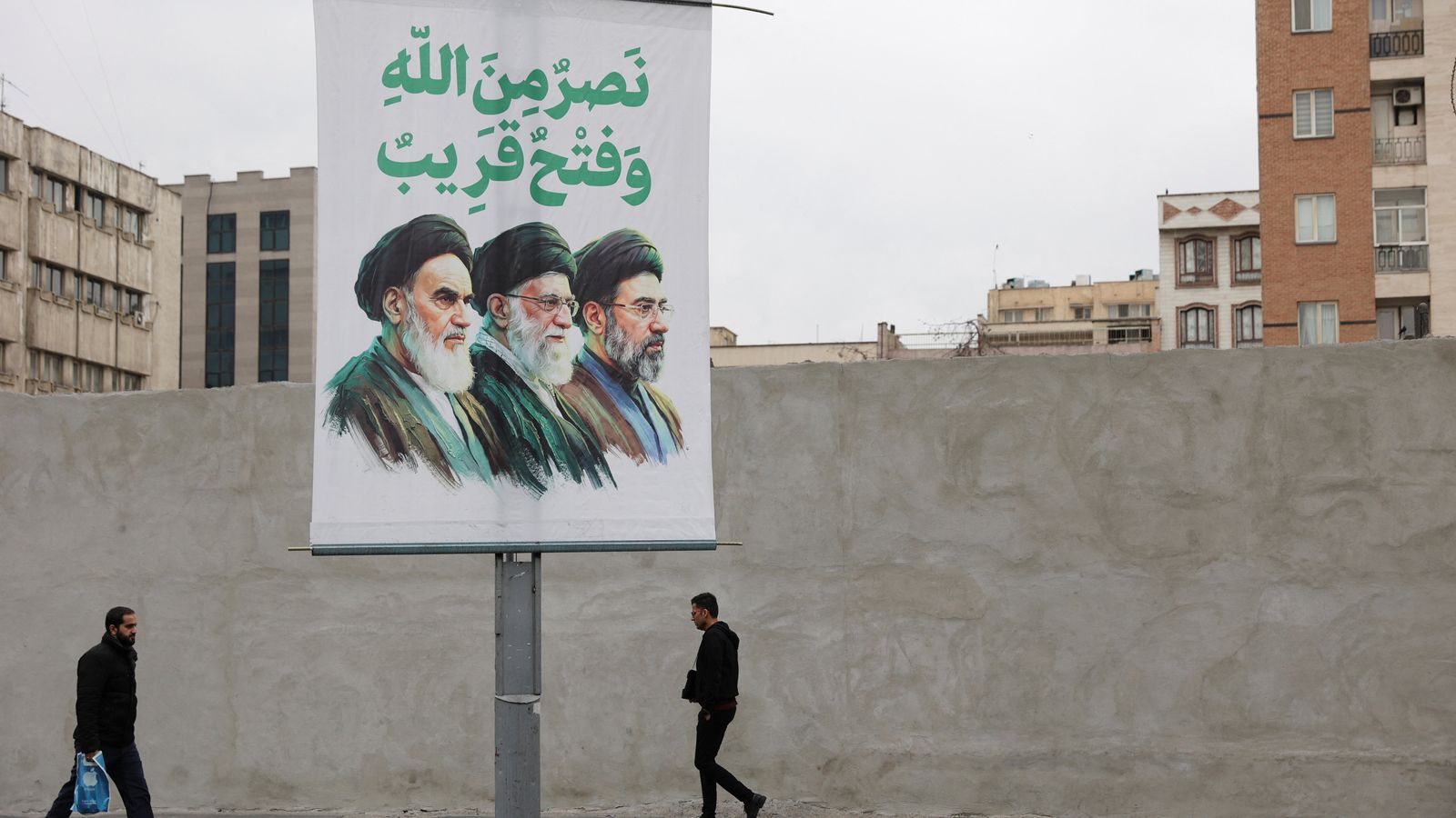 A banner depicts Iran's new supreme leader, Mojtaba Khamenei, alongside his predecessors. Pic: Reuters
