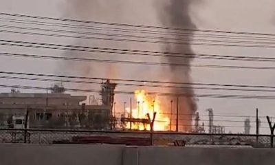 A refinery burns in Iran's South Pars gas field after it was struck by an Israeli drone. Pic: IRIB via AP