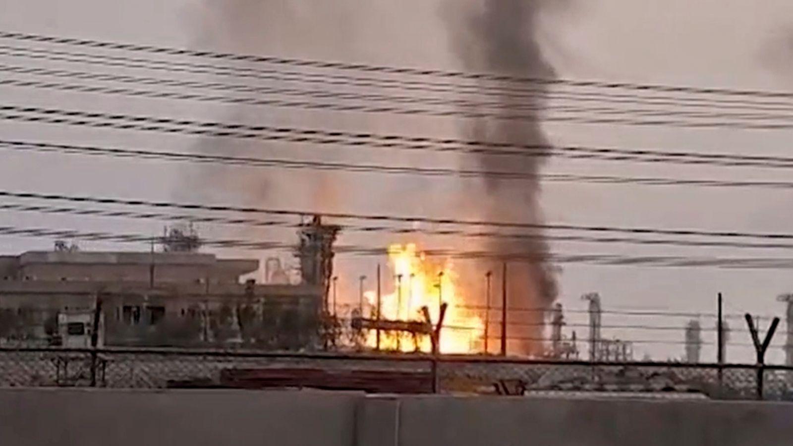 A refinery burns in Iran's South Pars gas field after it was struck by an Israeli drone. Pic: IRIB via AP