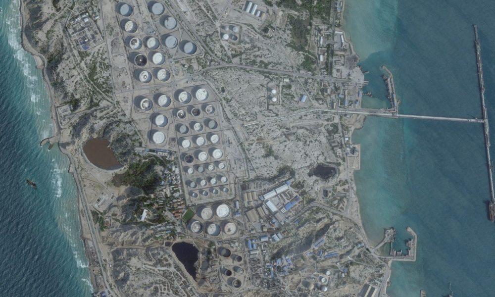A satellite image shows an oil terminal at Kharg Island, Iran. Pic: Planet Labs PBC/Reuters