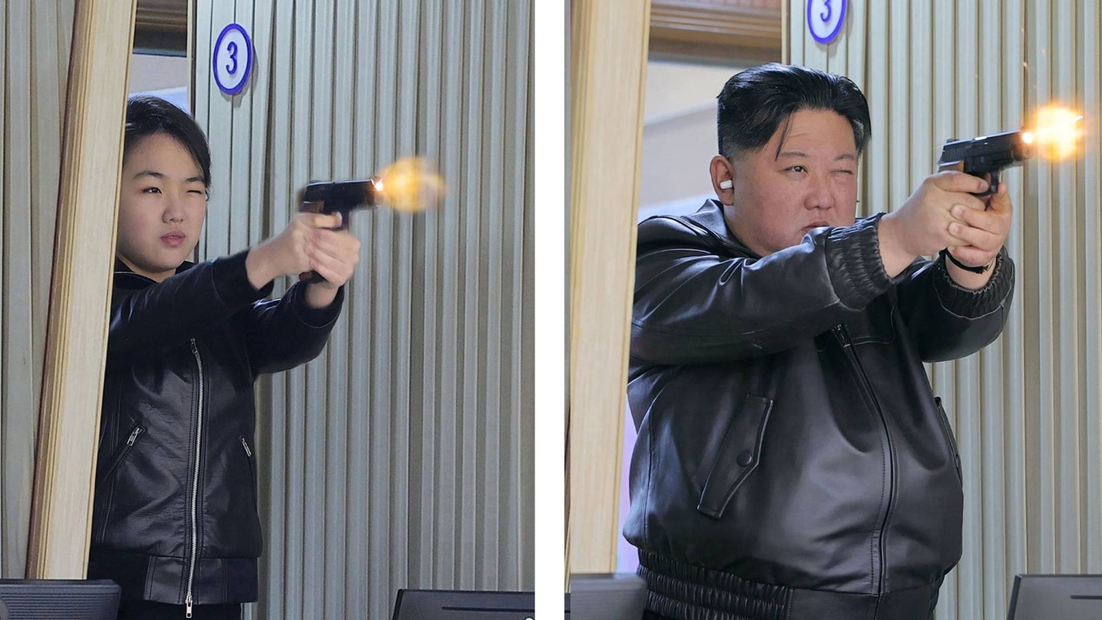 Kim Jong Un and Kim Ju Ae fire pistols as they visit a munitions factory. Pic: Reuters