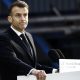 French President Emmanuel Macron delivers a speech at the nuclear submarine Navy base Ile Longue on Monday. Pic: Reuters