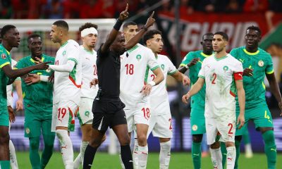 Referee Jean-Jacques Ndala awards a penalty to Morocco after a VAR review. Pic: Reuters