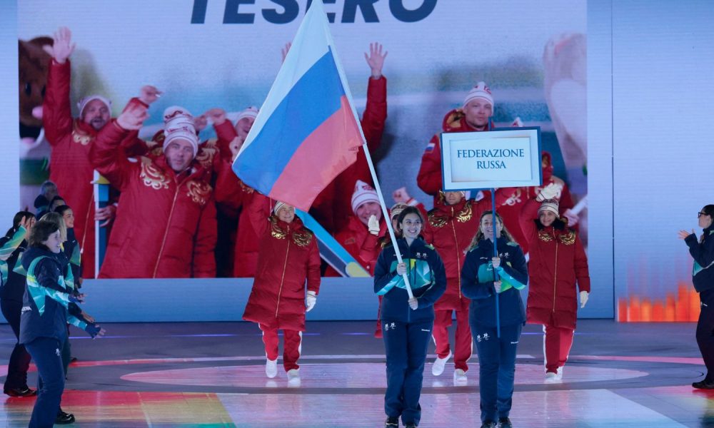 Athletes of Russia in the parade of athletes during the opening ceremony. Pic: Reuters/Remo Casi