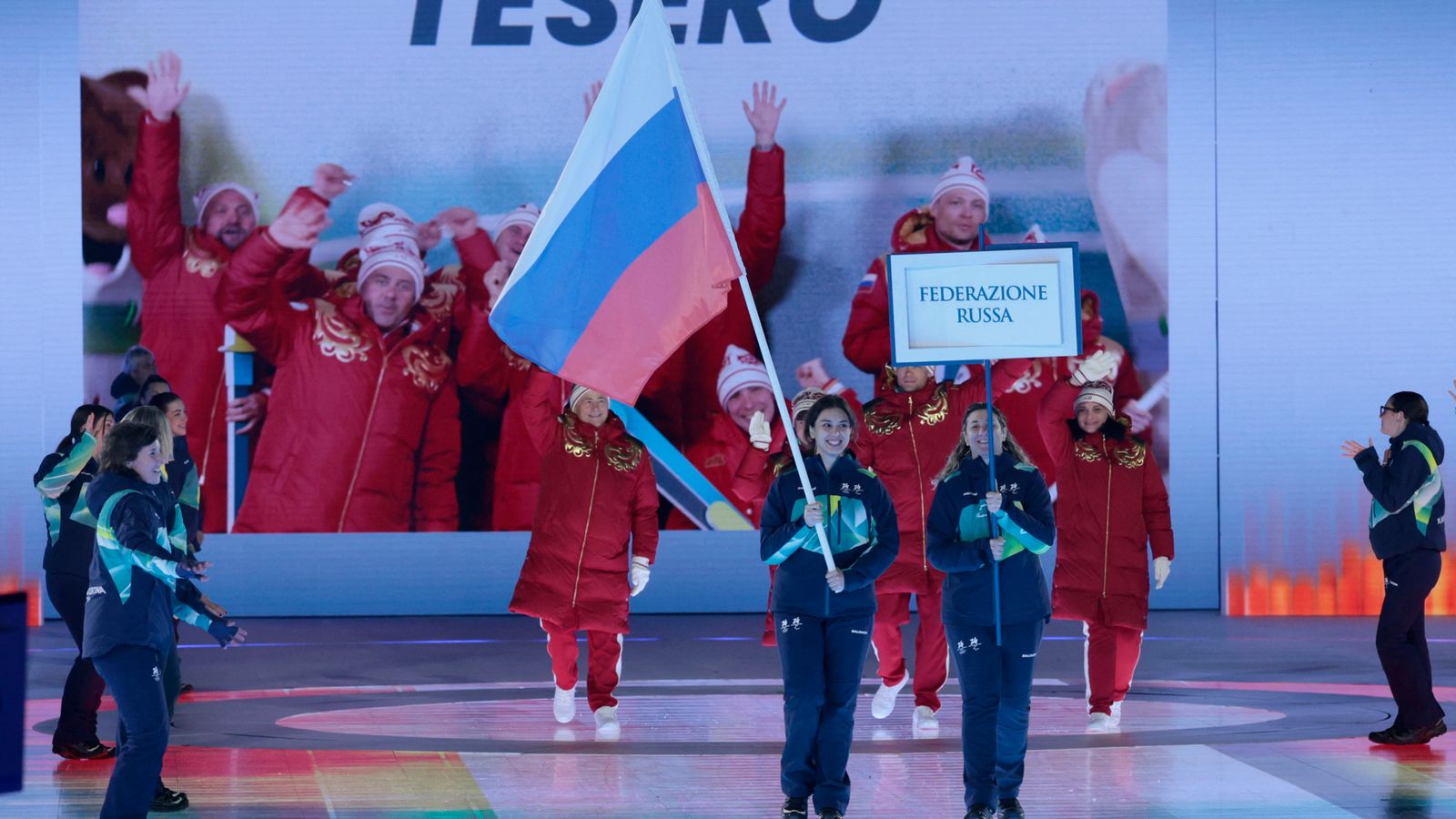 Athletes of Russia in the parade of athletes during the opening ceremony. Pic: Reuters/Remo Casi