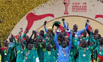 Senegal's Sadio Mane lifts the trophy with teammates as they celebrate after winning the Africa Cup of Nations. Pic: Reuters