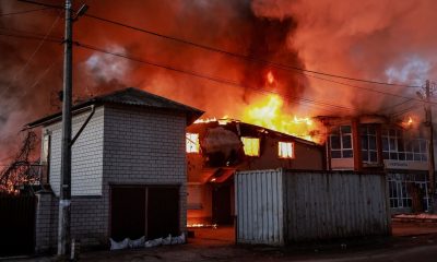 A blaze after strikes in the town of Brovary, Kyiv region. Pic: Reuters