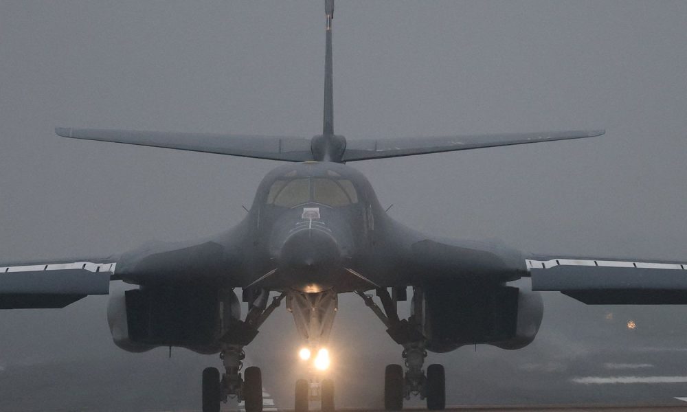 A United States Air Force bomber taxis after landing at RAF Fairford, Gloucestershire. Pic: Reuters