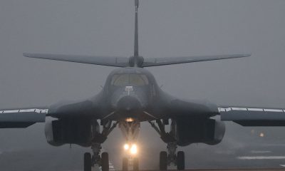A United States Air Force bomber taxis after landing at RAF Fairford, Gloucestershire. Pic: Reuters