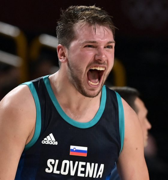 Slovenia's Luka Doncic reacts after a point in the men's semi-final basketball match between France and Slovenia during the Tokyo 2020 Olympic Games at the Saitama Super Arena in Saitama on August 5, 2021.