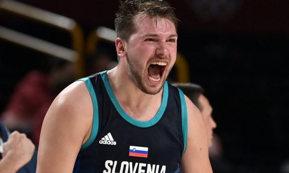 Slovenia's Luka Doncic reacts after a point in the men's semi-final basketball match between France and Slovenia during the Tokyo 2020 Olympic Games at the Saitama Super Arena in Saitama on August 5, 2021.