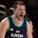 Slovenia's Luka Doncic reacts after a point in the men's semi-final basketball match between France and Slovenia during the Tokyo 2020 Olympic Games at the Saitama Super Arena in Saitama on August 5, 2021.