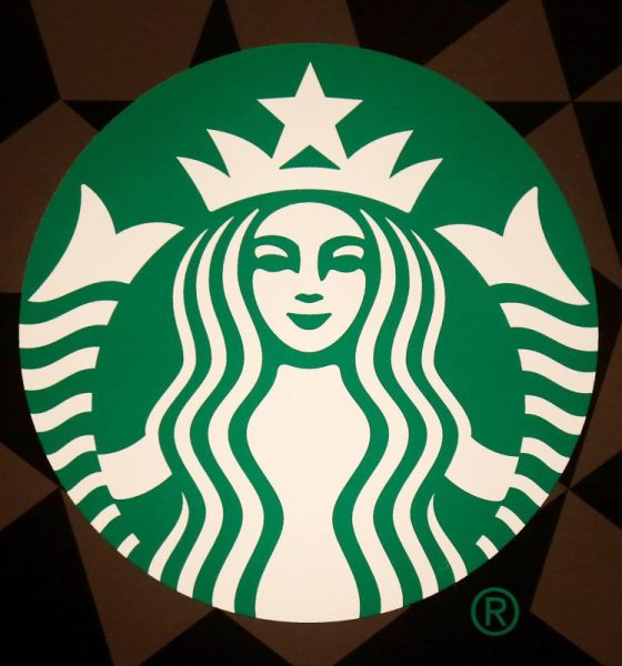A Starbucks logo is pictured on the door of the Green Apron Delivery Service at the Empire State Building in New York