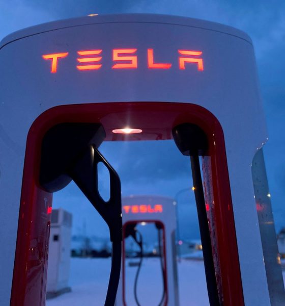 Tesla electric vehicle chargers are seen during the winter in Hofn