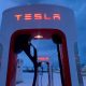 Tesla electric vehicle chargers are seen during the winter in Hofn
