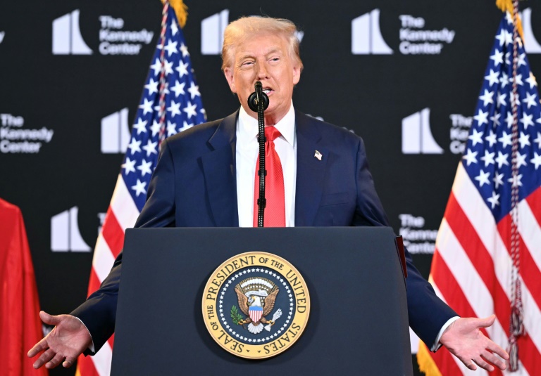 US President Donald Trump unveils the names of the Kennedy Center honorees -- Sylvester Stallone, Michael Crawford, Gloria Gaynor, George Strait and rock band KISS