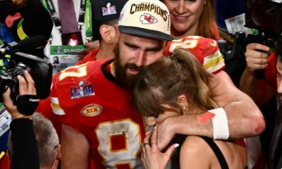 US singer-songwriter Taylor Swift and Kansas City Chiefs' tight end Travis Kelce embrace after the Super Bowl on Sunday