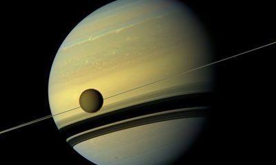 A view of Saturn and Titan from Cassini in 2012