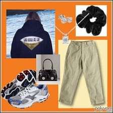 orange collage showing oversized khaki pants, running shoes, a graphic hoodie, a scrunchie, diamond jewelry and a black purse that is probably expensive