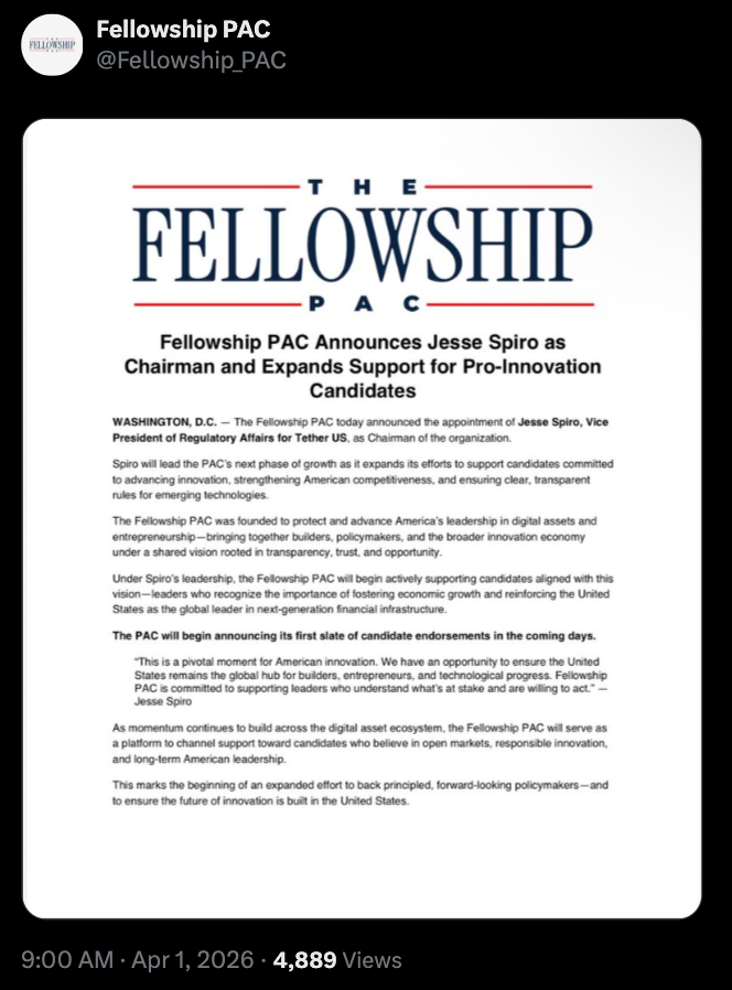 Pro-Crypto PAC to be Headed by Tether Executive ahead of US Midterms