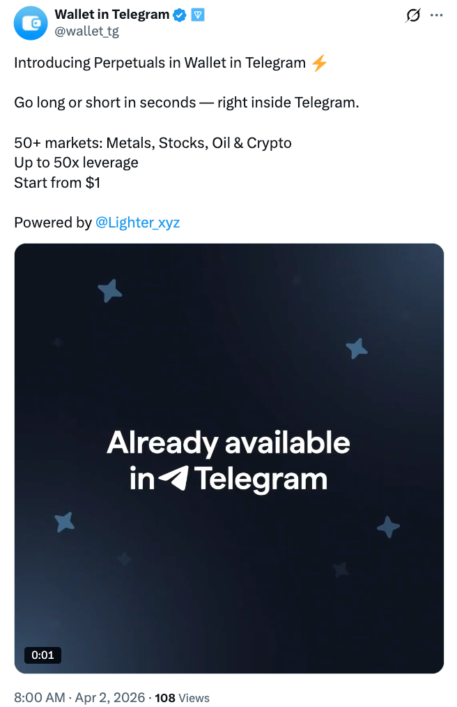 Telegram Wallet Adds Perpetual Futures Trading With Lighter