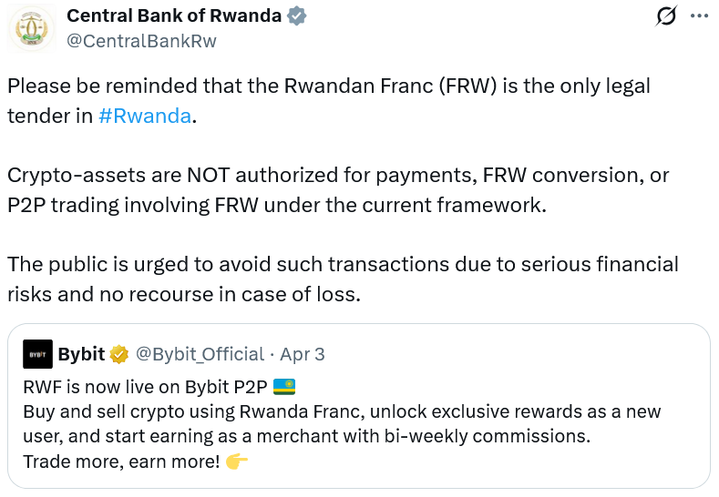 Rwanda Warns Against Bybit FRW to Crypto Offering