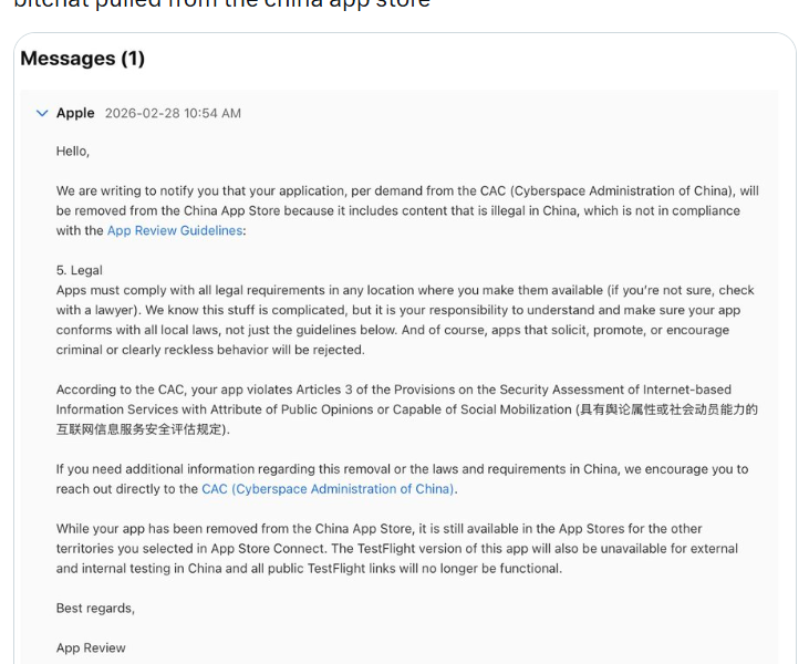 Jack Dorsey's Decentralized Bitchat App Removed from China App Store