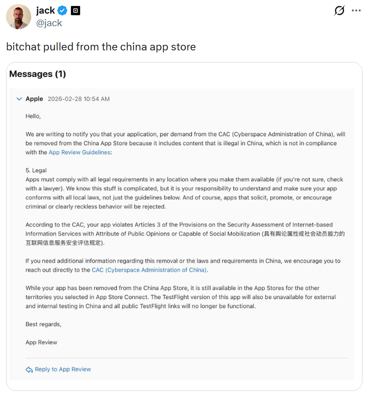 Jack Dorsey's Decentralized Bitchat App Removed from China App Store