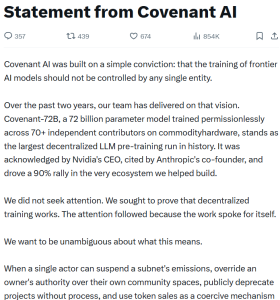 Covenant AI Leaves Bittensor Amid Decentralization Concerns, TAO Drops 18%
