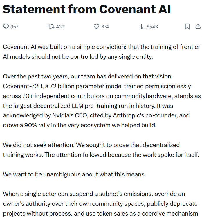 Covenant AI Leaves Bittensor Amid Decentralization Concerns, TAO Drops 18%