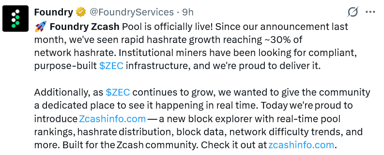 Foundry Digital Launches Zcash Mining Pool