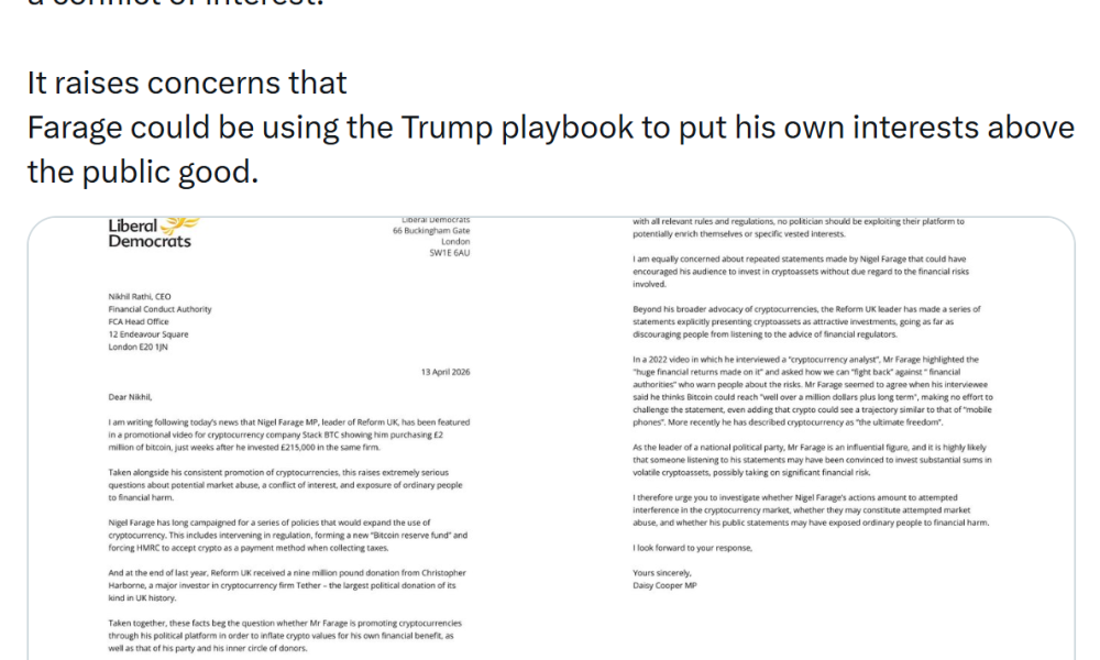 Lib Dems Urge FCA Probe into Farage Over Stack BTC Bitcoin Promotion