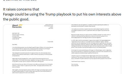 Lib Dems Urge FCA Probe into Farage Over Stack BTC Bitcoin Promotion