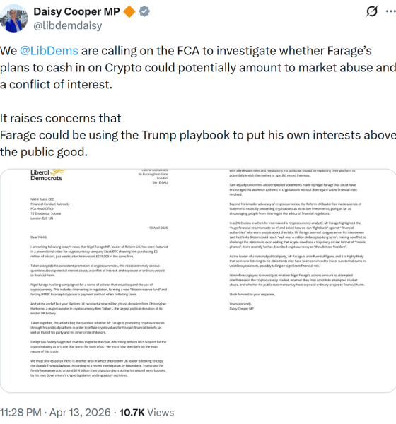 Lib Dems Urge FCA Probe into Farage Over Stack BTC Bitcoin Promotion