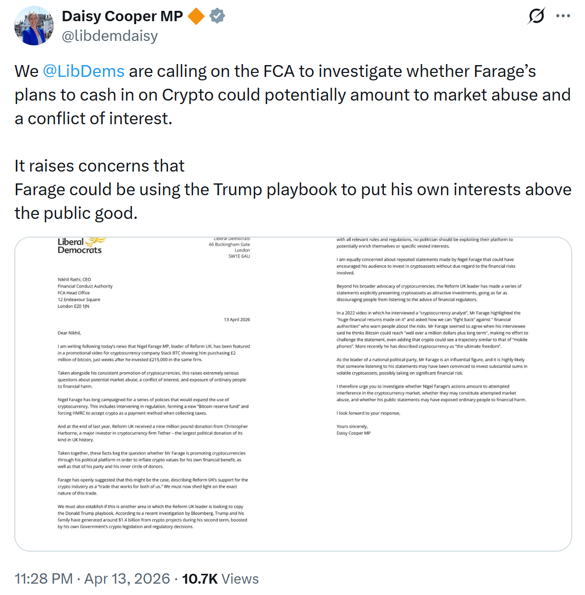 Lib Dems Urge FCA Probe into Farage Over Stack BTC Bitcoin Promotion